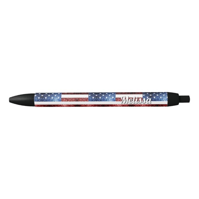 USA flag red blue sparkles glitters Personalize Black Ink Pen (Front)