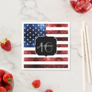 USA flag red blue sparkles glitters Sweet 16 Napkin