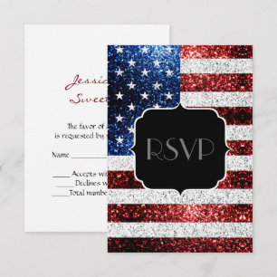 USA flag red blue sparkles glitters Sweet 16 RSVP Card