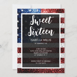 USA flag red blue white sparkles Sweet 16 elegant Invitation
