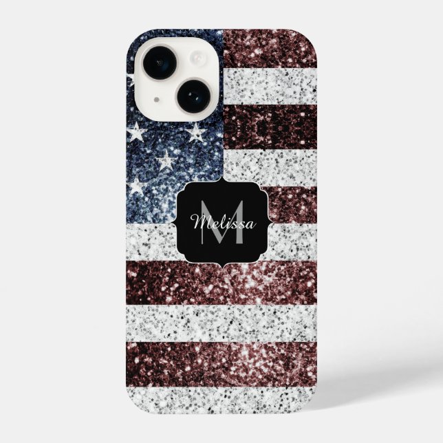 USA flag red white blue rustic sparkles Monogram iPhone Case (Back)