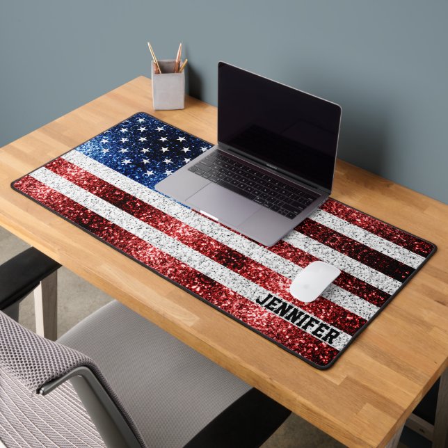 USA flag red white blue sparkles bling Custom name Desk Mat (Office 2)
