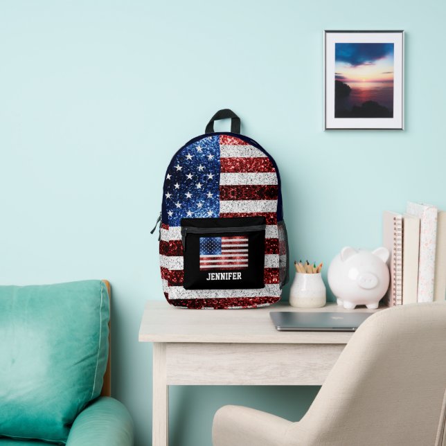 USA flag red white blue sparkles bling Custom name Printed Backpack (Insitu)