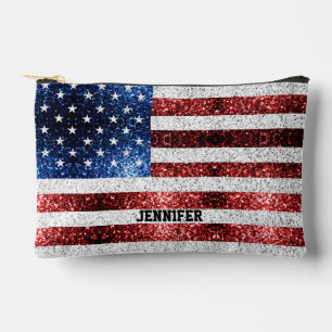 USA flag red white blue sparkles Custom name Accessory Pouch