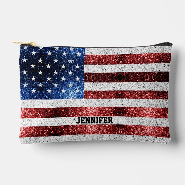 USA flag red white blue sparkles Custom name Accessory Pouch (Front)