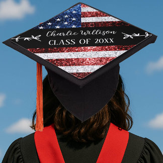 USA flag red white blue sparkles Custom name Class Graduation Cap Topper