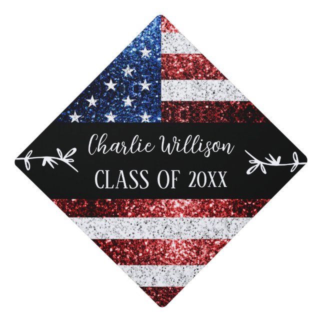 USA flag red white blue sparkles Custom name Class Graduation Cap Topper (Front)