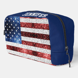 USA flag red white blue sparkles Custom name Dopp Kit