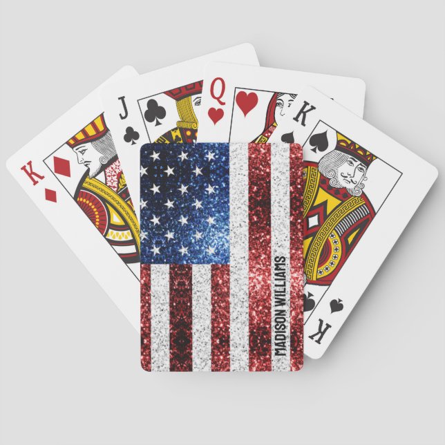 USA flag red white blue sparkles Custom name Playing Cards (Back)