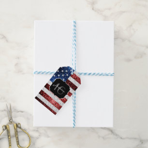 USA flag red white blue sparkles glitter Sweet 16 Gift Tags