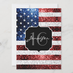 USA flag red white blue sparkles glitter Sweet 16 Invitation
