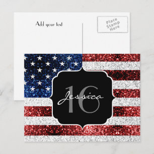 USA flag red white blue sparkles glitter Sweet 16 Postcard