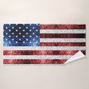 USA flag red white blue sparkles glitters Bath Towel