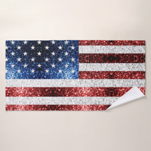 USA flag red white blue sparkles glitters Bath Towel Set