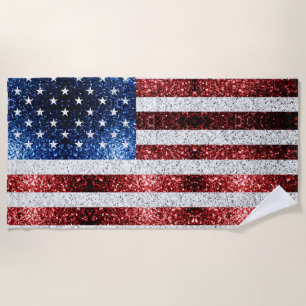 USA flag red white blue sparkles glitters Beach Towel