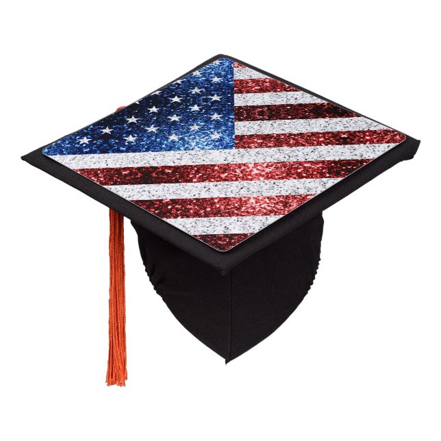 USA flag red white blue sparkles glitters Graduation Cap Topper (Angled)
