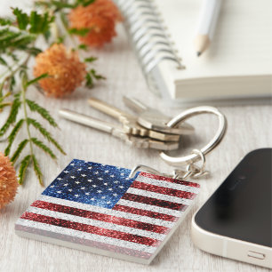 USA flag red white blue sparkles glitters Keychain