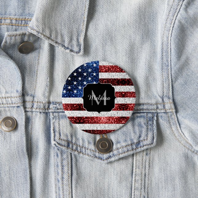 USA flag red white blue sparkles glitters Monogram 3 Inch Round Button (In Situ)
