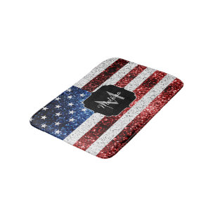 USA flag red white blue sparkles glitters Monogram Bath Mat