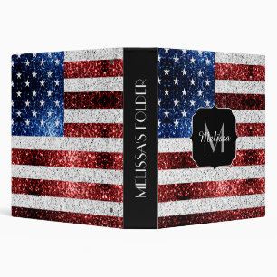 USA flag red white blue sparkles glitters Monogram Binder