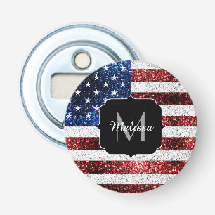 USA flag red white blue sparkles glitters Monogram Bottle Opener