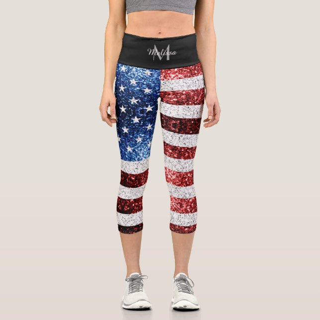 USA flag red white blue sparkles glitters Monogram Capri Leggings (Front)