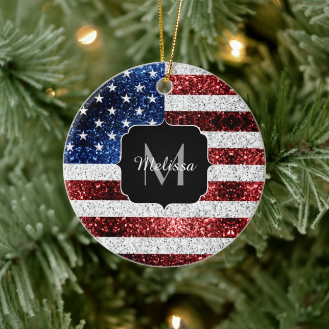 USA flag red white blue sparkles glitters Monogram Ceramic Ornament (Tree)