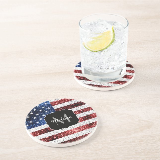 USA flag red white blue sparkles glitters Monogram Coaster (Side)
