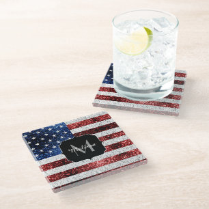 USA flag red white blue sparkles glitters Monogram Glass Coaster