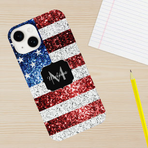 USA flag red white blue sparkles glitters Monogram iPhone 15 Plus Case