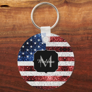 USA flag red white blue sparkles glitters Monogram Keychain