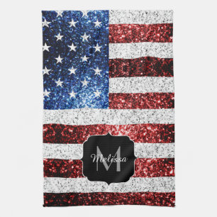 USA flag red white blue sparkles glitters Monogram Kitchen Towel
