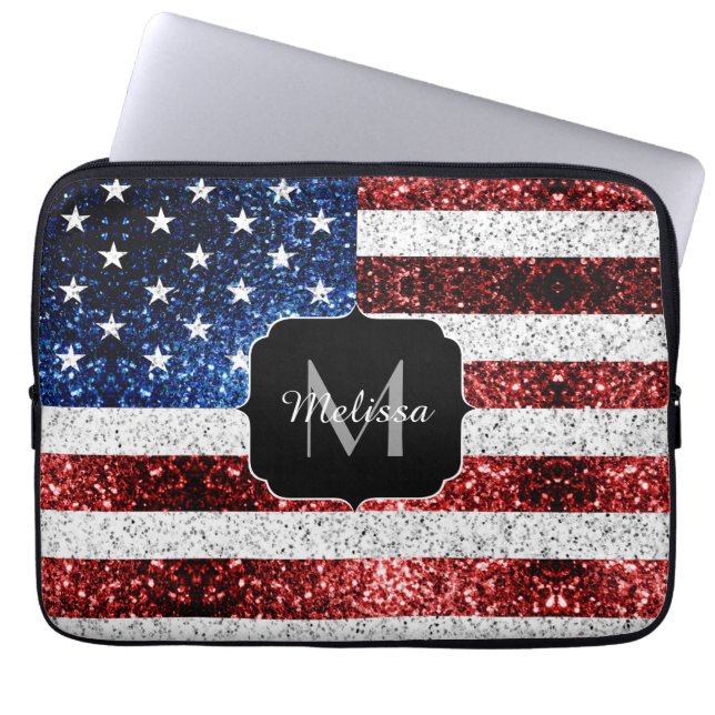 USA flag red white blue sparkles glitters Monogram Laptop Sleeve (Front)