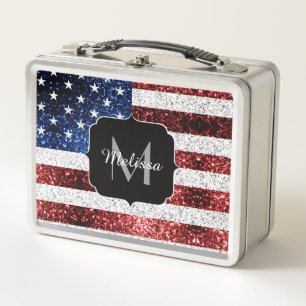 USA flag red white blue sparkles glitters Monogram Metal Lunch Box