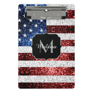 USA flag red white blue sparkles glitters Monogram Mini Clipboard