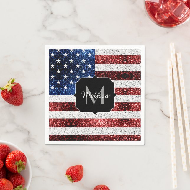 USA flag red white blue sparkles glitters Monogram Napkin (Insitu)