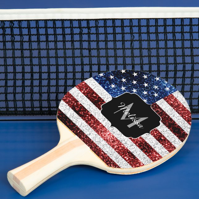 USA flag red white blue sparkles glitters Monogram Ping Pong Paddle (Insitu)