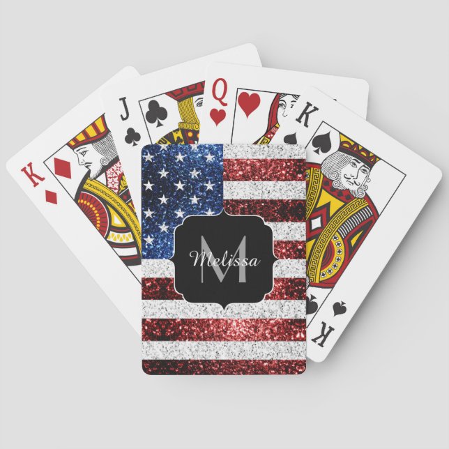 USA flag red white blue sparkles glitters Monogram Playing Cards (Back)