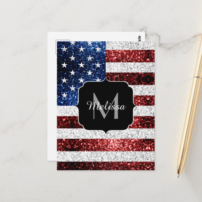 USA flag red white blue sparkles glitters Monogram Postcard (Front/Back In Situ)