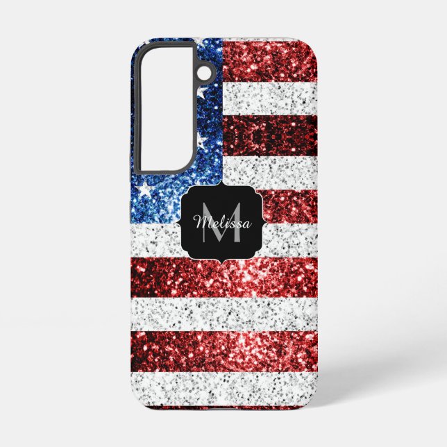 USA flag red white blue sparkles glitters Monogram Samsung Galaxy S22 Case (Back)