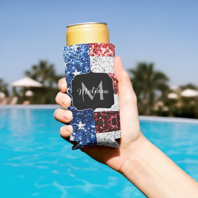 USA flag red white blue sparkles glitters Monogram Seltzer Can Cooler (In Situ Pool)