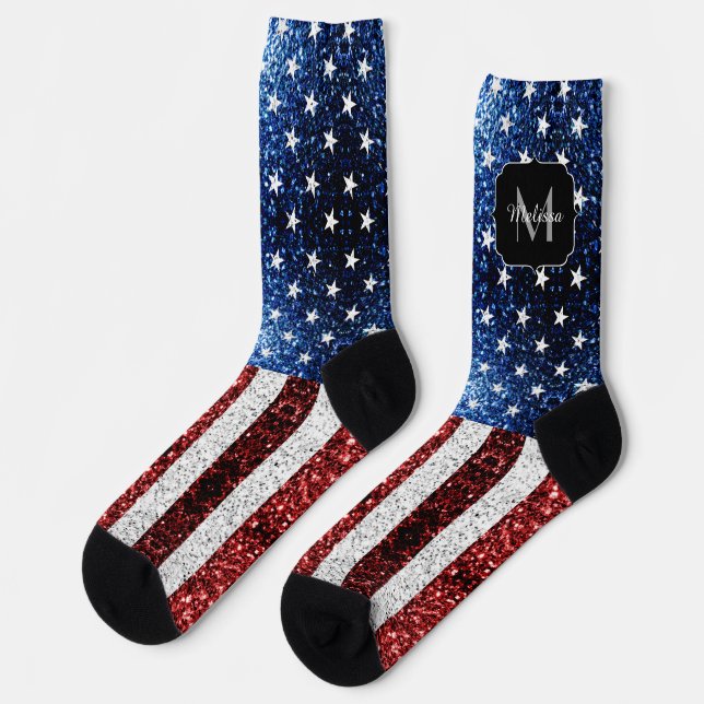 USA flag red white blue sparkles glitters Monogram Socks (Left)