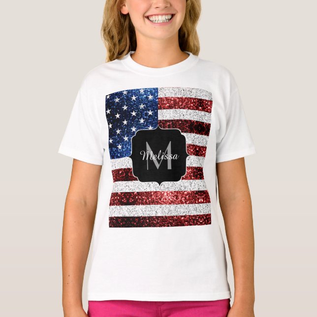 USA flag red white blue sparkles glitters Monogram T-Shirt (Front)