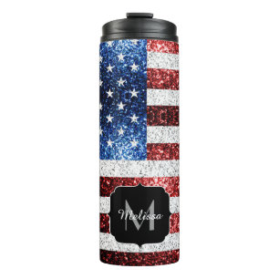USA flag red white blue sparkles glitters Monogram Thermal Tumbler