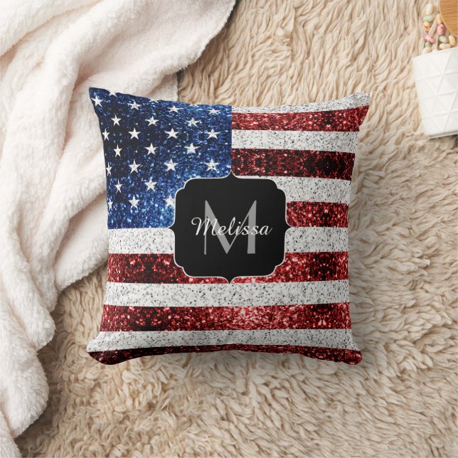 USA flag red white blue sparkles glitters Monogram Throw Pillow (Blanket)