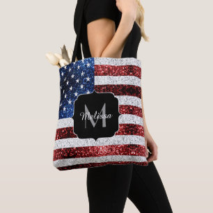 USA flag red white blue sparkles glitters Monogram Tote Bag