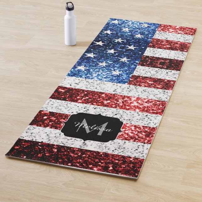 USA flag red white blue sparkles glitters Monogram Yoga Mat (In Situ)