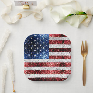 USA flag red white blue sparkles glitters Paper Plate