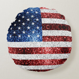 USA flag red white blue sparkles glitters Round Pillow