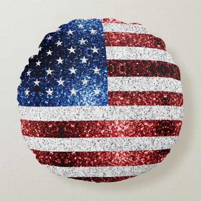 USA flag red white blue sparkles glitters Round Pillow (Front)